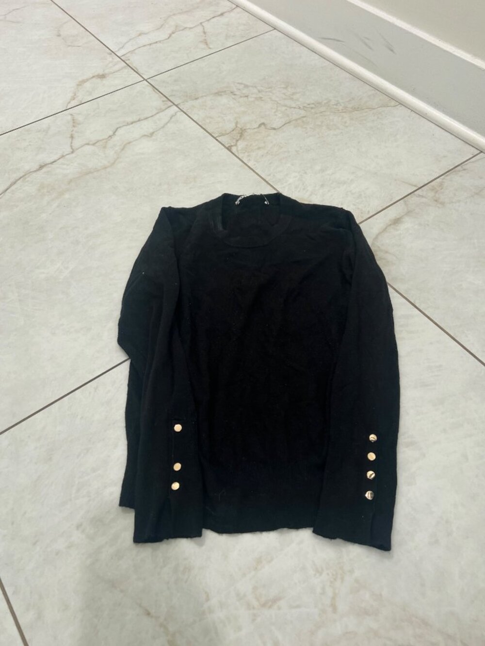 Zara Black Basic Knit Crewneck Sweater Gold Button Cuffs Size S